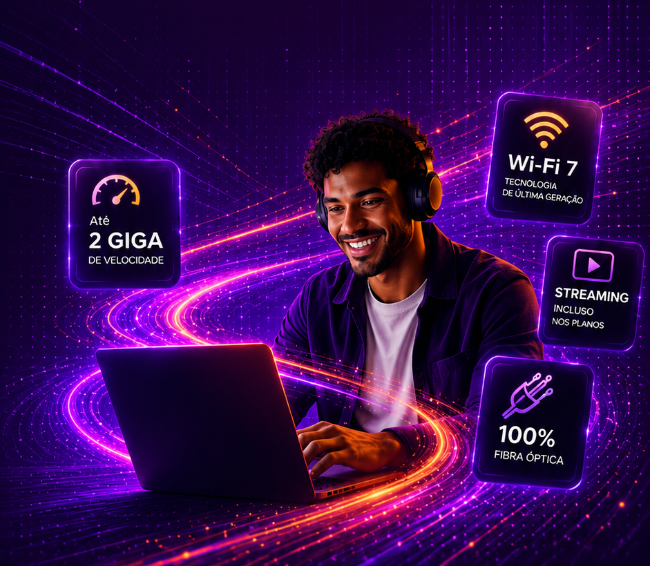 Jovem usando notebook com elementos de tecnologia e conectividade
